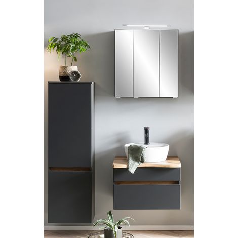 Badezimmer Möbel Set in graphit VIDAGO-03 mit Abdeckplatte in Baumkanten Optik und Absetzungen in Wotan Eiche Nb., B/H/T: ca. 116/200/52 cm (1/5)