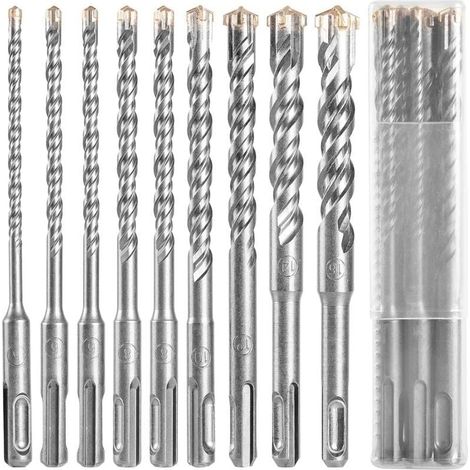 Foret bton SDS , 9pcs (5 Mm 16x160 Mm) foret carrelage, foret Coffret de mches et burins pour un perforateur , Forets Transversaux Pour Bton, Brique, Pierre, Naturelle, Mtal (1/4)