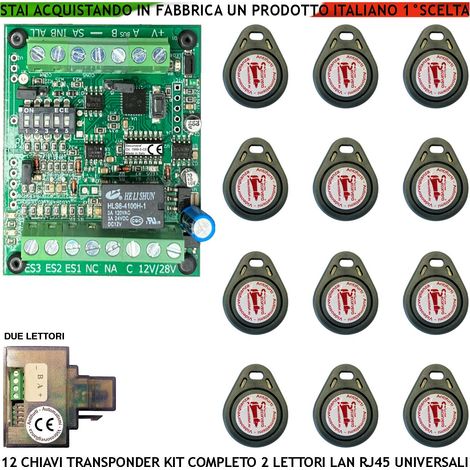 Kit Chiave di Prossimità Due Lettori su Modulo LAN Universale 501/503 RJ45 12 Chiavi TAG Trasponder Alimentazione 12/24 Vac Relè Scambio 2A 24V Funzione Impulsiva o Stabile Segnale di Stato 4 Led GRVB (1/4)