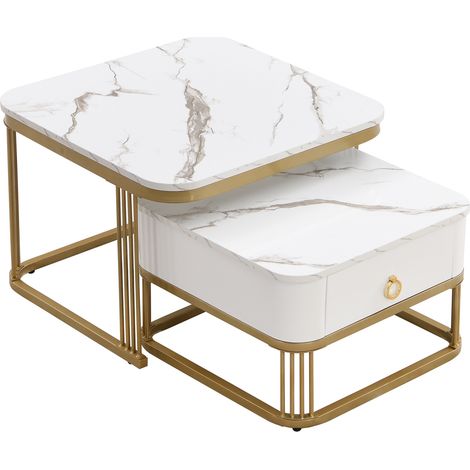 Table basse empilable effet marbre brillant avec accents dorés et tiroir, ensemble de 2 tables (1/5)