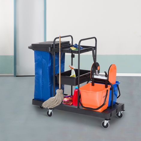 Chariot de nettoyage professionnel à 3 niveaux avec sac poubelle, crochets pour balais, seau à serpillière avec essoreuse et 5 roues, pour hôtels et auberges, 111 x 63,3 x 103 cm, noir (1/5)