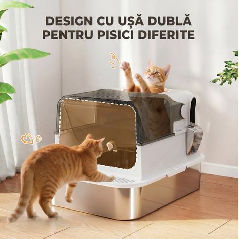 Litière pour chat XXL en acier inoxydable avec couvercle, double accès et bac 52L (1/5)