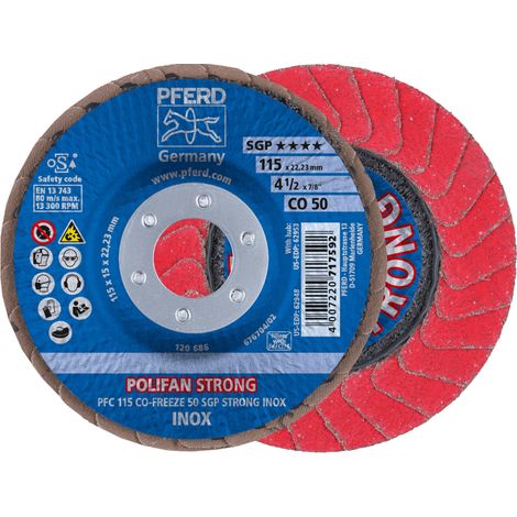 PFERD TOOLS POLIFAN STRONG Fächerscheibe PFC 115x22,23 mm konisch CO-FREEZE 50 SGP INOX für Edelstahl 10 Stk (1/4)