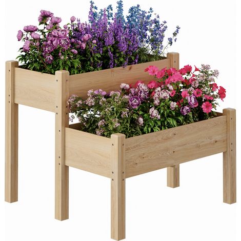Jardinière surélevée 2 étages en bois de sapin 86x84x74 cm– 2 bacs, 8 trous d’écoulement, 160 kg – Potager extérieur, Jaune (1/5)