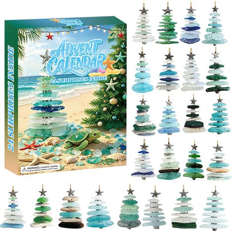 Adventskalender im Meeresglas-Stil – 24-tägiger Countdown-Kalender mit 2D-Acryl-Weihnachtsbaumschmuck im Meeresglas-Look – Weihnachtsdekoration und Geschenkset mit Küstenmotiv (1/5)