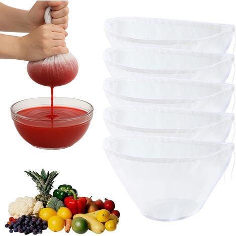 Set mit 5 waschbaren Bio-Nussmilchbeuteln mit Kordelzug, feinmaschigem Filtergewebe, wiederverwendbar, aus Nylon und Gaze, mit Kordelzug
