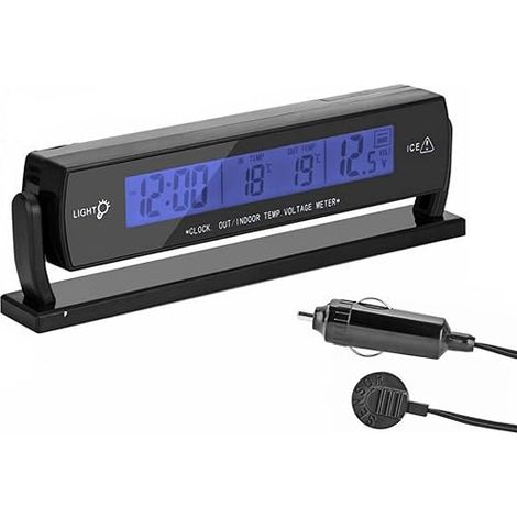 SHINING HOUSE Reloj despertador digital multifunción para automóvil con termómetro de temperatura interior y exterior, pantalla LCD, monitor de voltaje de batería, medidor y detector (1/5)