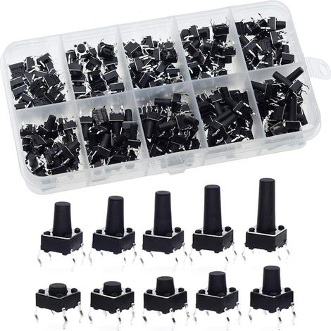 Interrupteur Poussoir Tactile - 6x6 mm - Pieds Longs - 200 Pièces - Hauteur 4,5 à 13 mm - Kit Assorti - Électronique (1/5)