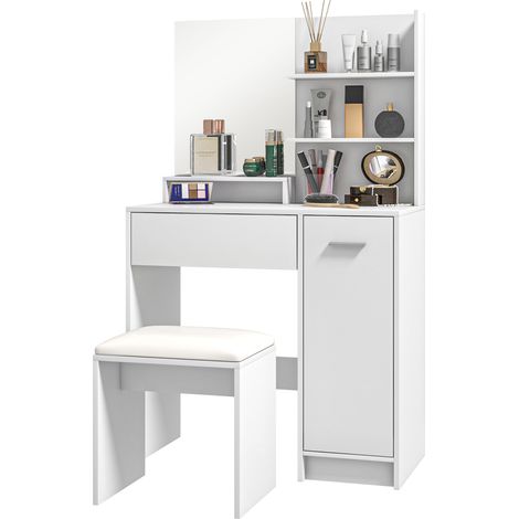 blanc beige, tiroir miroir, étagère réglable, étagères ouvertes, tabouret, anti-basculement, Coiffeuse maquillage (1/5)