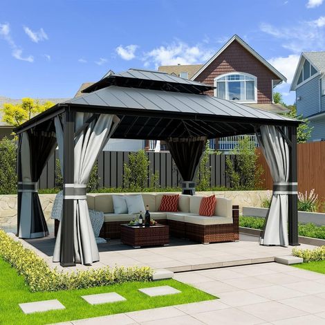 Gartenpavillon 3.65 x 4.25 m Wasserdicht Hardtop mit Moskitonetz und Vorhängen Grau (1/5)