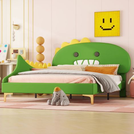Lit enfant 140 x 200cm vert en forme de dinosaure, design ludique en pu, confortable et robuste (1/5)