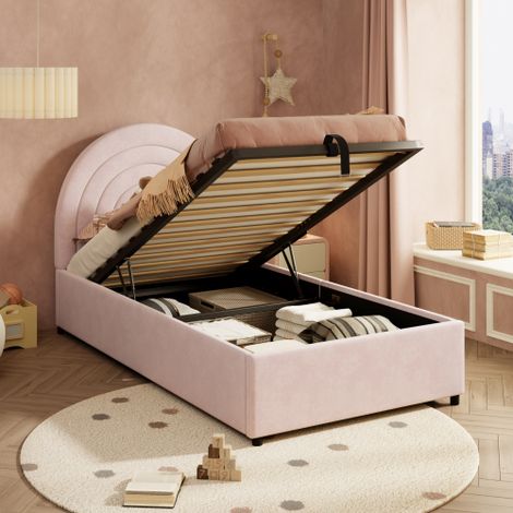 3ft Pink Velvet Children's Bed with Slatted Frame and Headboard,Easy Assembly for Teens and Adults
