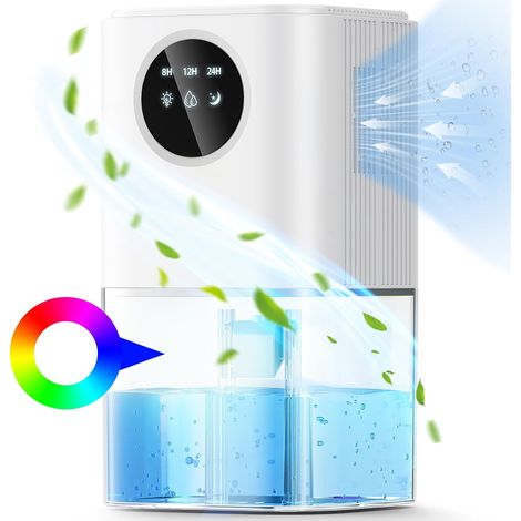 A 6-in-1 dehumidifier suitable for bathrooms and bedrooms, featuring automatic shut-off, a timer, and a 7-color LED light (white).