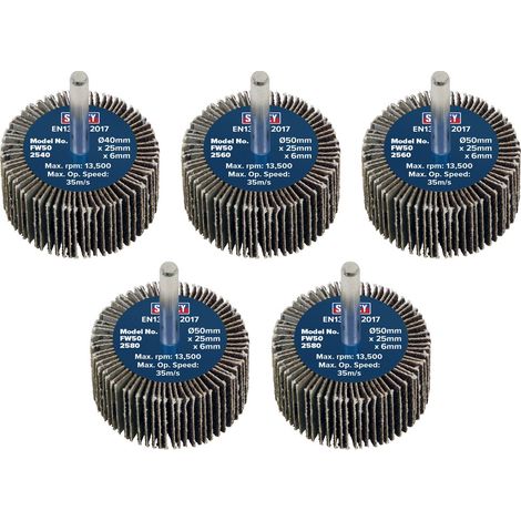 Sealey FW5025ASS 50 x 25mm Abrasive Flap Wheel with 6mm Shaft Assorted Grit - Pack of 5 (1/5)