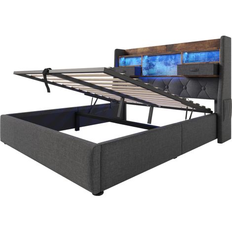 Letto matrimoniale 160 x 200 cm con contenitore, LED e USB Type-C, tessuto grigio MODENUIT (1/5)