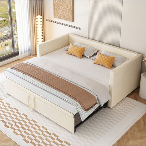 Sofá cama tapizado beige 90x200 cm extensible a 180x200 cm, con somieres de láminas (1/5)