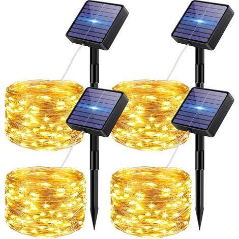 Lot de 4 Guirlande Solaire Exterieur, 5+2 M 50 LED 8 Mode IP65 Étanches Guirlande Lumineuse Solaire Extérieur Avec Mémorisation Pour Clôture Jardin Balcon Décoration Blanc Chaud (1/5)