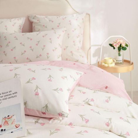 Bettwäsche-Set 155x220 cm Baumwolle mit Blumenmuster Weiß Rosa