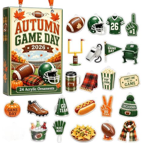 Fußball-Adventskalender 2026 – 24-teilig – grün, braun, orange – Acryl – 6 cm flache Anhänger – Herbst-Spieltags-Design – Christbaumschmuck – geeignet für Weihnachtsfeiern und als Dekoration für die W (1/5)