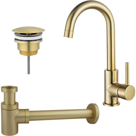 Fortifura Calvi Kit robinet lavabo - robinet haut - bec rotatif - bonde non-obturable - siphon design bas - Laiton brossé PVD