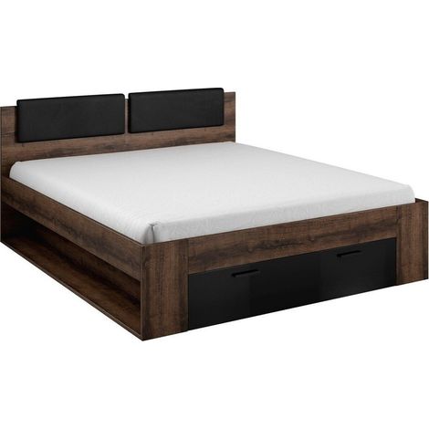 Cama Levruvu 106, Roble del Monastery + Negro brillante, Doble, 160x200, 140x200, Aglomerado laminado, 146x205x94cm (1/5)