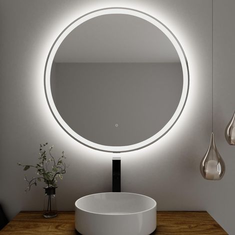 Miroir de Salle de Bain Rond Diamètre 80 cm Épaisseur 6 mm Rétroéclairé avec sablage Tactile avec antibuée Tonalités 3500K/4000K/6000K Miroir avec lumière Miroir avec LED (1/5)