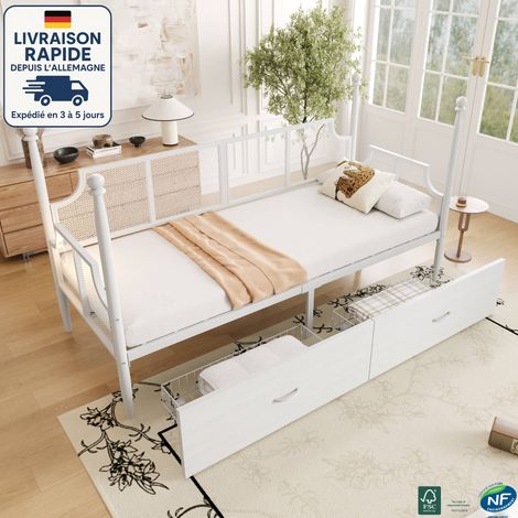 MODFU - Divano letto per bambini 90×200 cm con 2 cassetti, senza materasso, metallo, bianco (1/5)