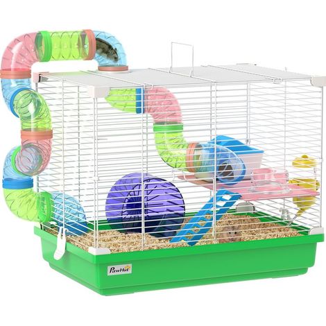 Zweistöckiger Hamster-/Nagerkäfig mit Tunnel, Trinkflasche, Laufrad, Häuschen und Leitern, 46 x 30 x 37 cm, grün (1/5)