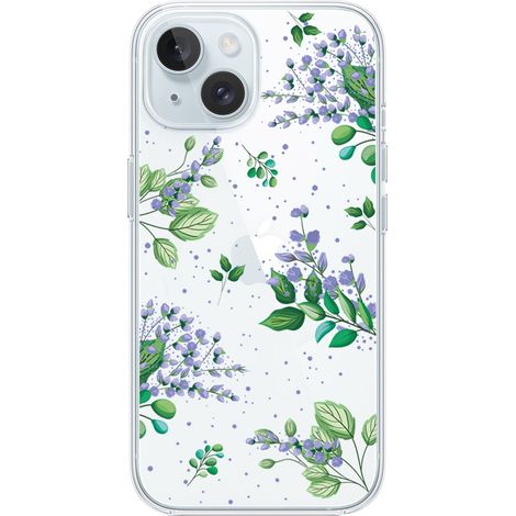 Custodia flessibile in silicone trasparente per iPhone 15 Plus, con fiori viola (1/5)