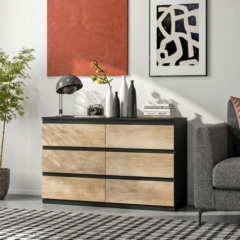 Commode en bois à 6 tiroirs pour chambre à coucher, 120 x 39 x 75 cm, noir et chêne (1/5)