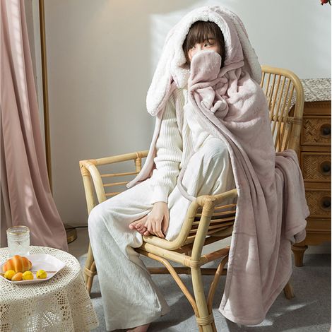 Couverture à capuche, douce, chaude et confortable, en polyester, avec oreilles de lapin en peluche, pour la maison, rose, grande taille (1/5)