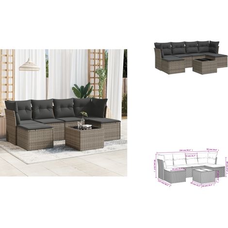 7-tlg. Garten-Sofagarnitur mit Kissen Grau Poly Rattan - Gartenmöbel Set - PE-Rattan Möbel - Outdoor Sofa - Esstisch Set - Lounge Set (1/3)