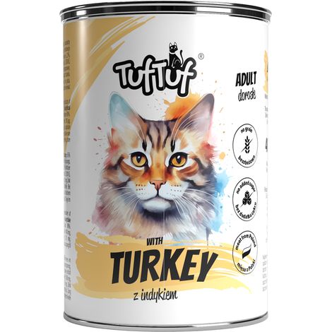 Cibo umido per gatti TufTuf, lattina da 400 g di tacchino, carne in scatola.