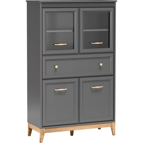 AX LIVING Vitrine Nymphen Dunkelgrau Glas 4 Türen 1 Schublade MDF Eiche Beine