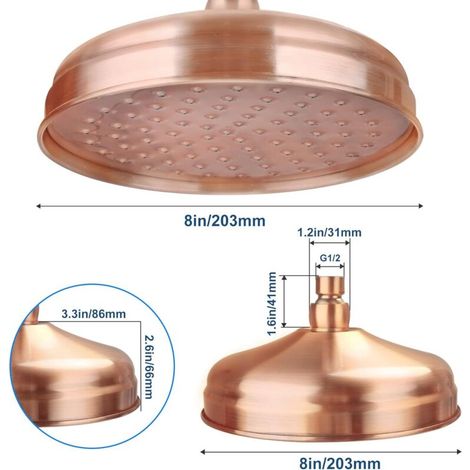 Pommeau de douche en cuivre rouge antique rond de 8 pouces, tube d'extension de pommeau de douche à effet pluie, bras mural, accessoires de salle de bain (1/3)