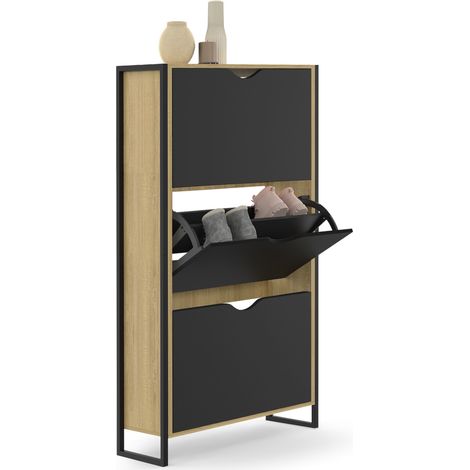 Idmarket – Meuble à chaussures 18 paires – 3 portes noires – Dimensions 63x23,5x115 cm – Structure en panneaux de particules et métal – Style industriel