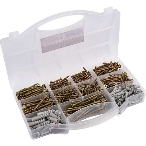 Assortiment de vis et chevilles universelles 580 pièces – Différentes tailles – Tête fraisée – Entraînement TX – Filetage complet – Jaune galvanisé/Set de vis avec chevilles/Boîte de (1/2)