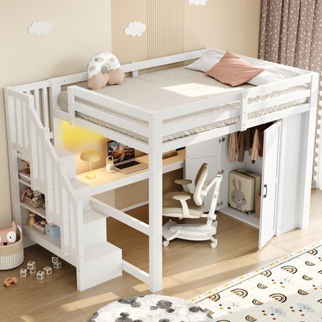 REDOM Letto a soppalco 140x200 cm con scrivania, scaffale, scala contenitore e armadio, bianco (senza materasso) (1/5)