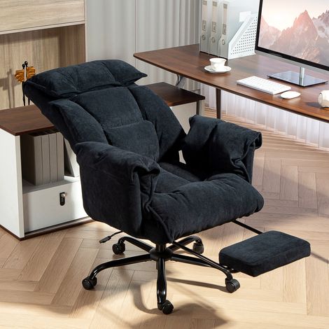Silla ejecutiva de oficina de terciopelo con reposapiés y espuma de alta resiliencia, silla de escritorio reclinable de respaldo alto, reposabrazos acolchados, altura ajustable y ruedas, color negro. (1/5)