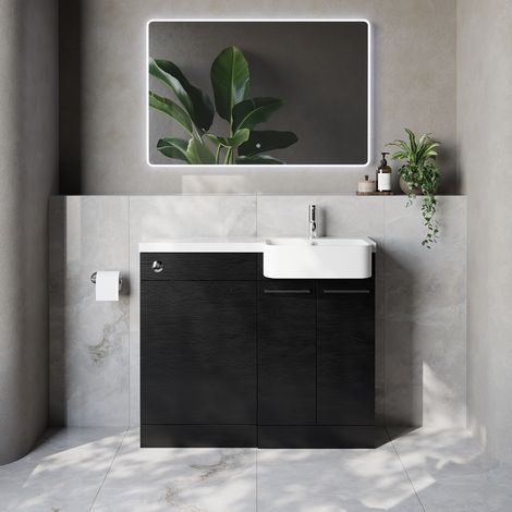 Napoli 250 Nero Oak 1000mm 2 Door Vanity Unit Toilet Suite with Right Hand Round Rico Semi Recessed Basin - 1000mm - Chrome 160mm HandleWithout Kingston Toilet Pan