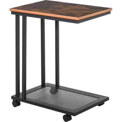 Table d'appoint roulante en métal et bois pour salon ou chambre style industriel rétro 51x36x65 cm noir et naturel (1/5)