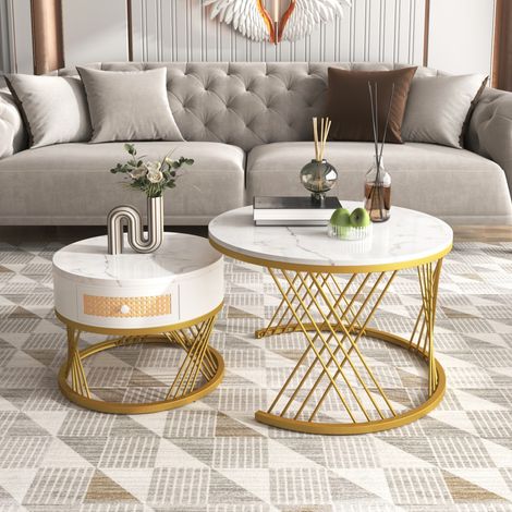 Lot de 2 Tables Basses Gigognes - 70x70x45.5cm et 50x50x38.5cm - Plateau Effet Marbre et Tiroir Rame Rotin - Blanc et Doré (1/5)