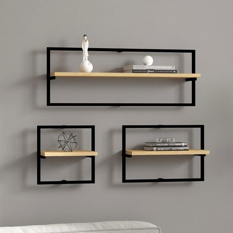 Regal Gandosso, 3 Böden, Set mit 3 Regalen, Gestellfarbe Schwarz, 80x20x30h cm Eichenbraun (1/4)