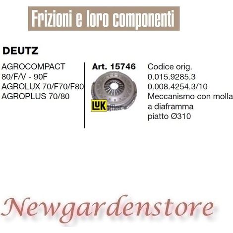 Frizione 15746 trattore DEUTZ DX 310mm Agrocompact 80 F V Agrolux70 Agroplus