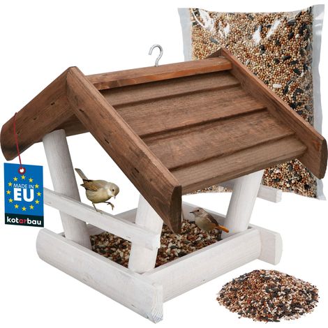 KOTARBAU® Mangeoire à Oiseaux à Suspendre - Bois Naturel - 24x30,5x25,5 cm - avec Toit + 0,5kg De Nourrituremit - Mangeoires pour Oiseaux Sauvages - Blanc & Brun (1/5)