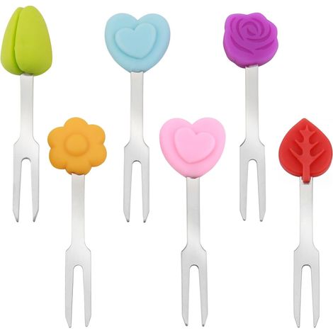 Fourchettes à Fruits en Acier Inoxydable，Mini Cure-Dents Réutilisables Décoration avec Décoration en Silicone, Food Picks Cure-Dents Colorés Faciles à Nettoyer (6) (1/5)