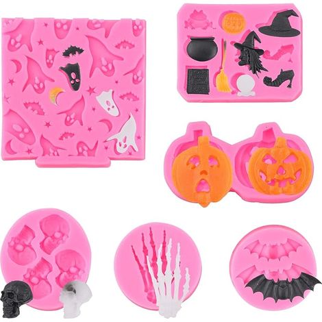 CCYKXA 6Pcs Halloween Silicone Fondant Molds DIY Chocolate Cake Candy Jelly Sweet Molds Pumpkin Bat Ghost Witch for Baking Kids Party Supplies (1/5)