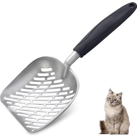 Cuillère pour chat, tamis en alliage d'aluminium, cuillère en métal, pelle profonde, manche long, tamis pour chat, élévateur pour chat, noir épais (1/5)