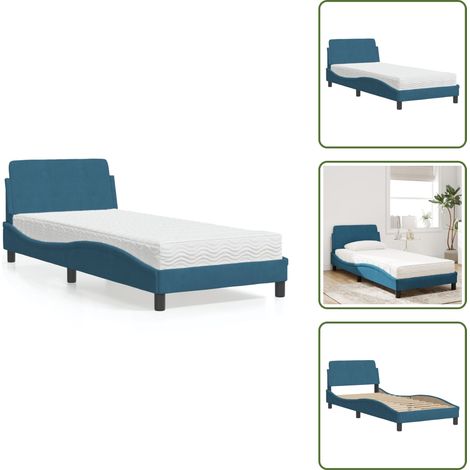 The Living Store Lit avec matelas bleu 90x200 cm velours - Lit Double - Lit Plateforme - Lit Design - Lit Velours - Literie (1/5)