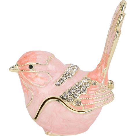 Boîte à bijoux en métal émaillé rose, ornée de cristaux et décorée d'oiseaux. (1/5)